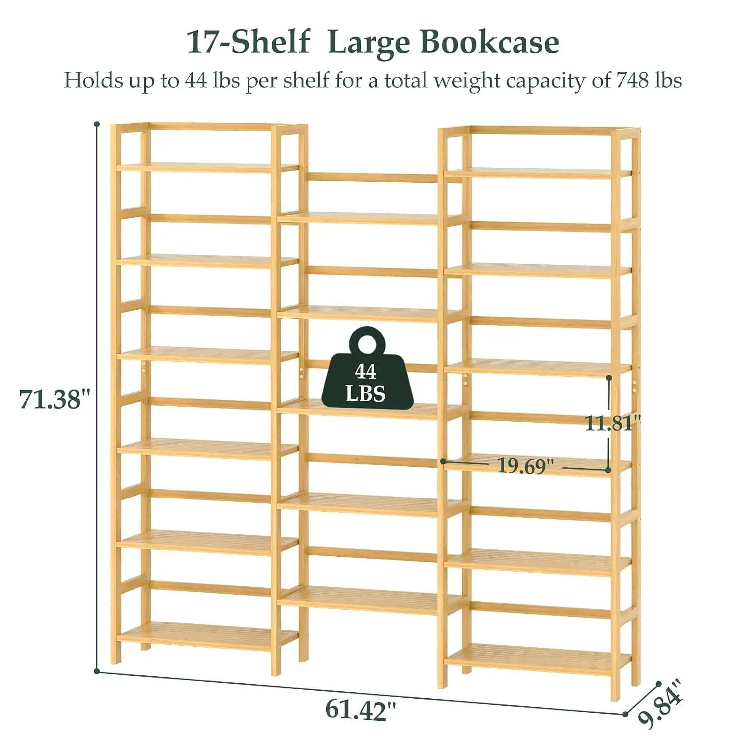 Bamboo 6-Tier Triple Wide Bookshelf With 17 Shelves, 61 Inch, Customized