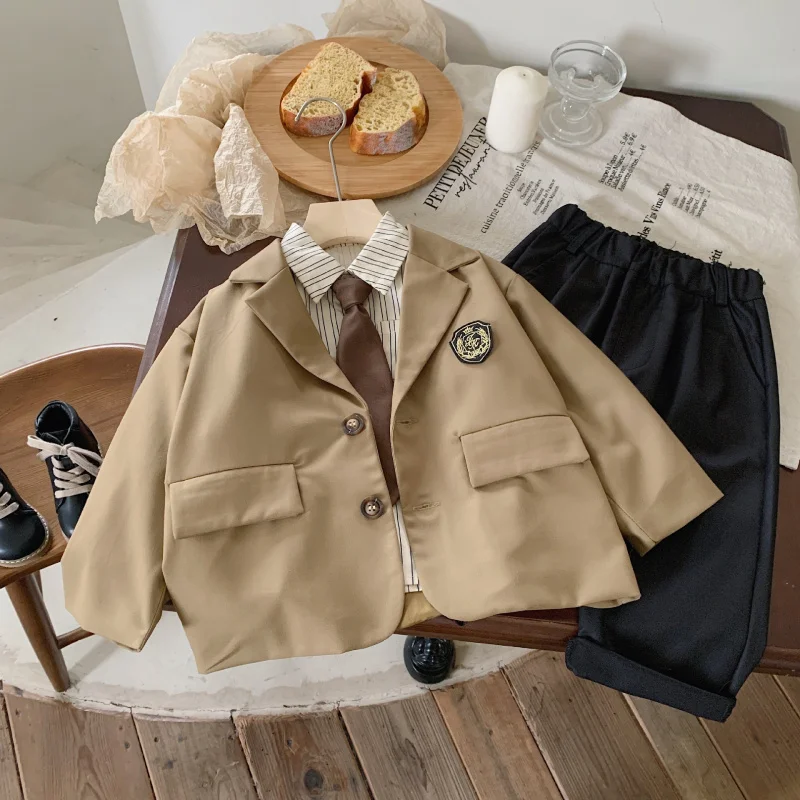 Children's Suit2024Autumn Boy College Style Retro Handsome Casual Suit Three-Piece Suit FashionF0468