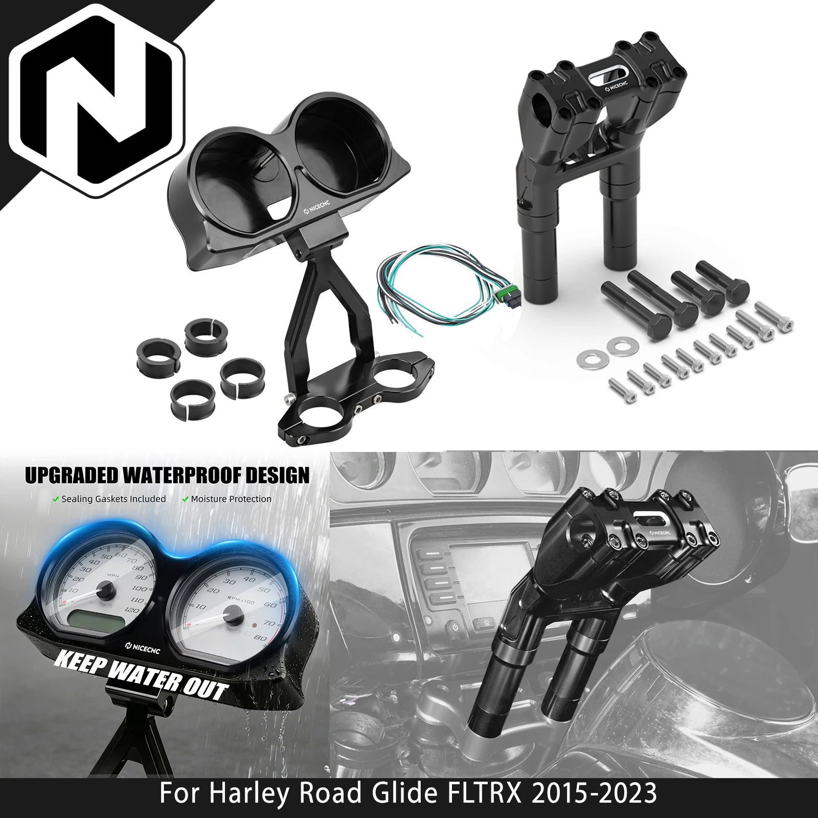 NICECNC For Harley Road Glide/Special 15-23 Modular Kickback Handlebar Riser Gauges Bezel Gauges Relocation Mount Bracket Kit