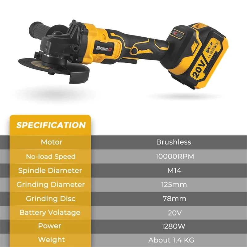 BABEQ 125mm Smerigliatrice angolare elettrica senza spazzole 3 Marce Cordless Impact Rettifica Utensili elettrici per la lavorazione del legno per