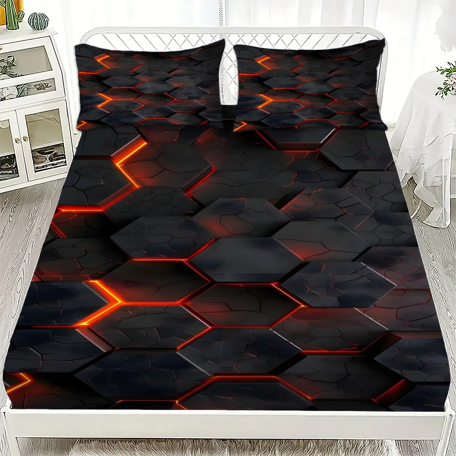 3pcs Fitted Sheet Set Colorful Visual Splendor 3D Print 100% Polyester Breathable Bedding Set for Home Decor with 2 Pillowcases