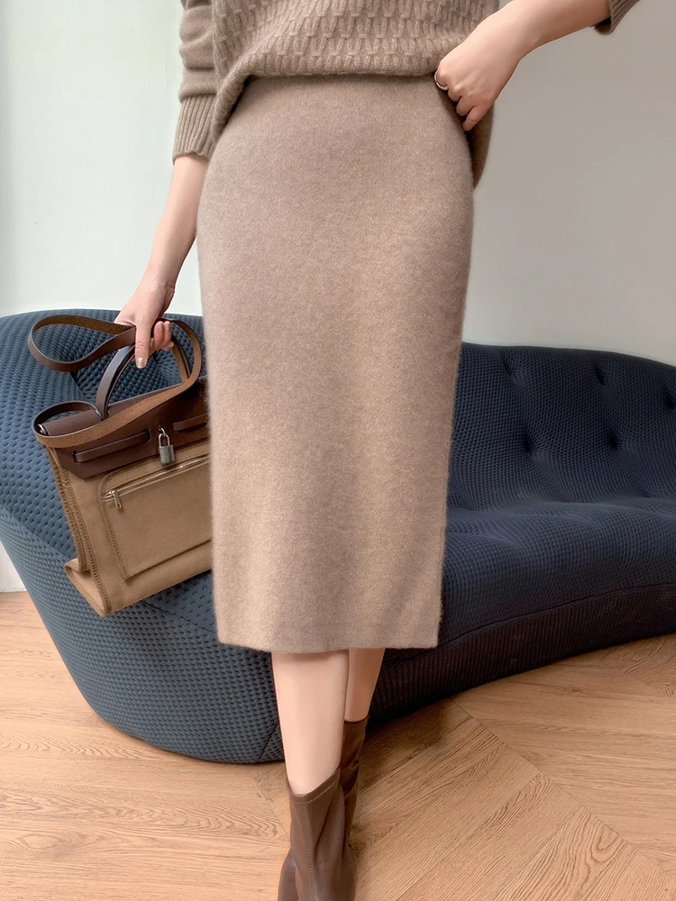 

Women Luxury 100% Cashmere Slim Skirt Autumn Winter Quality Thick Cashmere Skirt High Waist Office Lady Dress Grace Knitwear
