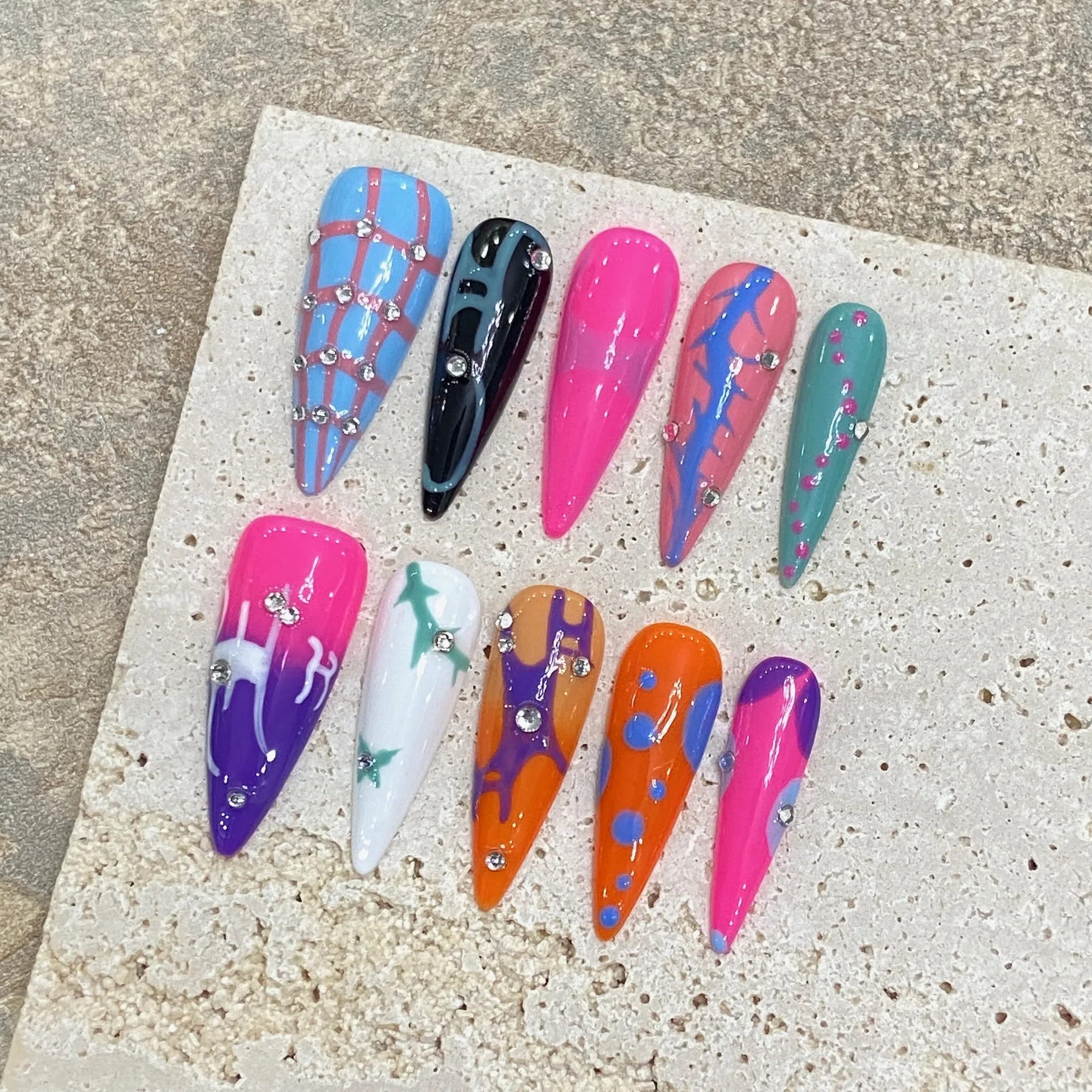 Faux ongles graffitis faits à la main, nail art, nail art, n64.medium, halo, embau, étoiles, doux, cool, ballerine portable, 10 pièces