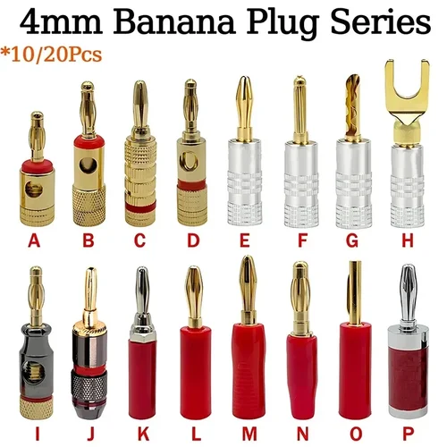 Conector Banana chapado en oro para altavoz de Audio Musical, enchufes Banana de 4MM para Terminal de altavoz de Audio y vídeo, 10/20 piezas