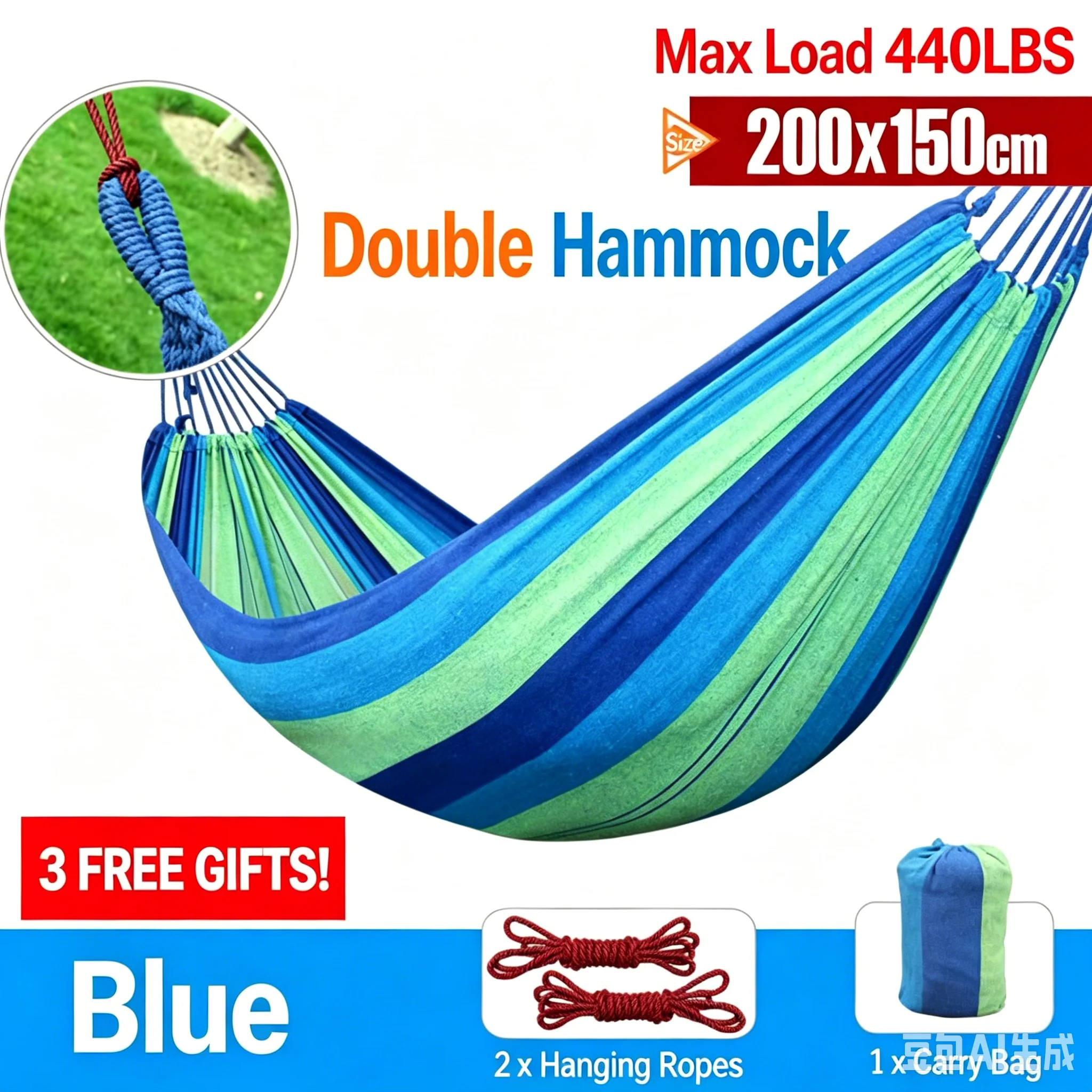 Portable Double Hammock 200x150cm 440LBS Load Capacity with Hanging Ropes & Carry Bag for Outdoor Camping Travel