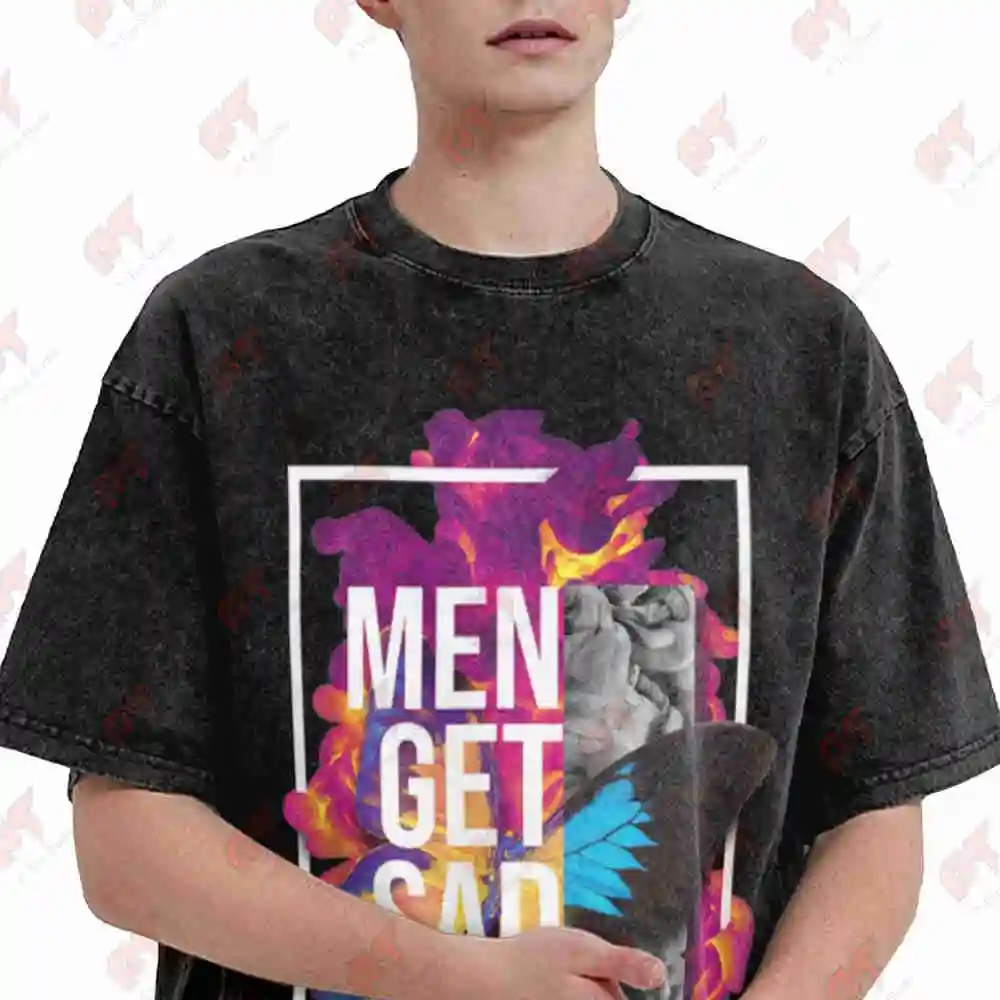 Funny Vintage Sad Face Text Print Emotional Expression Vintage Washed Tee Pure Cotton T-Shirt