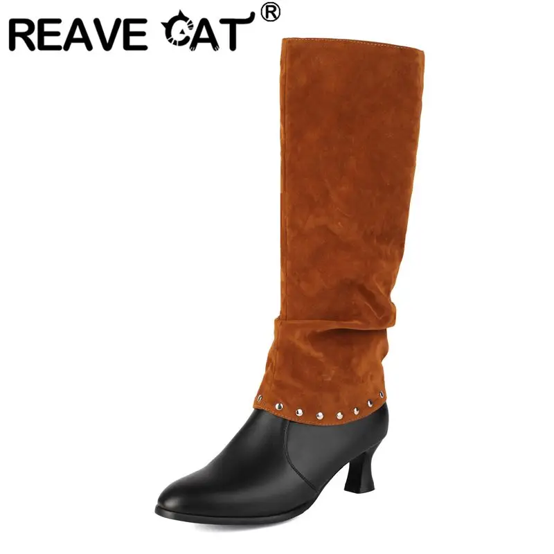 

REAVE CAT 2025: женские модные двойные ботинки с круглым носком, уникальные каблуки на молнии 5,5 см, большие размеры 41, 42, 43, ботильоны для свиданий