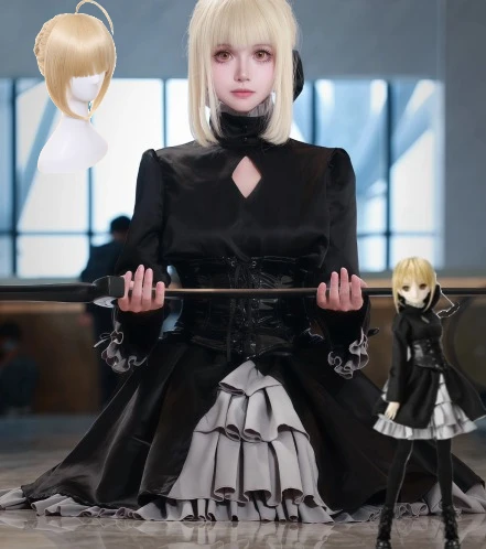 

2026 Legendary King Arthur Altria Pendragon Cosplay Costume Black Gown Role Play Outfit Full Set For Women Halloween
