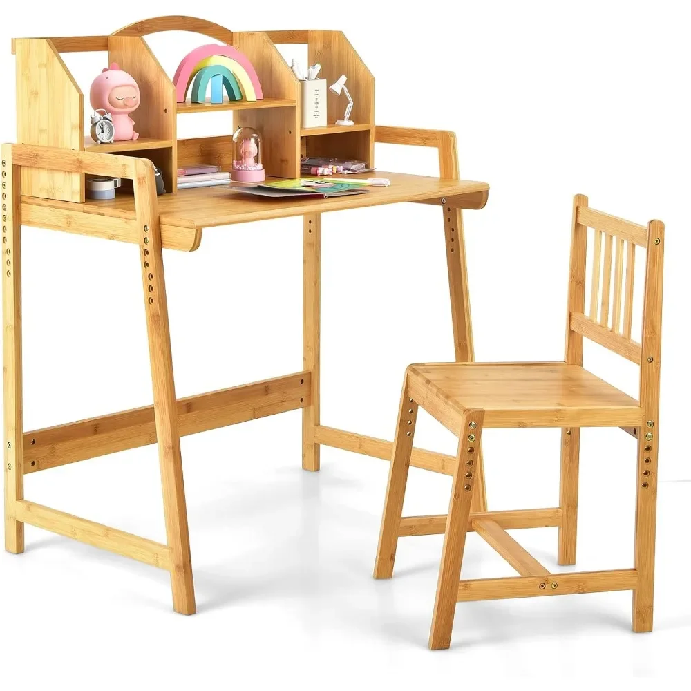 Kids Desk and Chair Set, Height Adjustable Bamboo Desk with Storage Hutch, Student Writing Computer Workstation