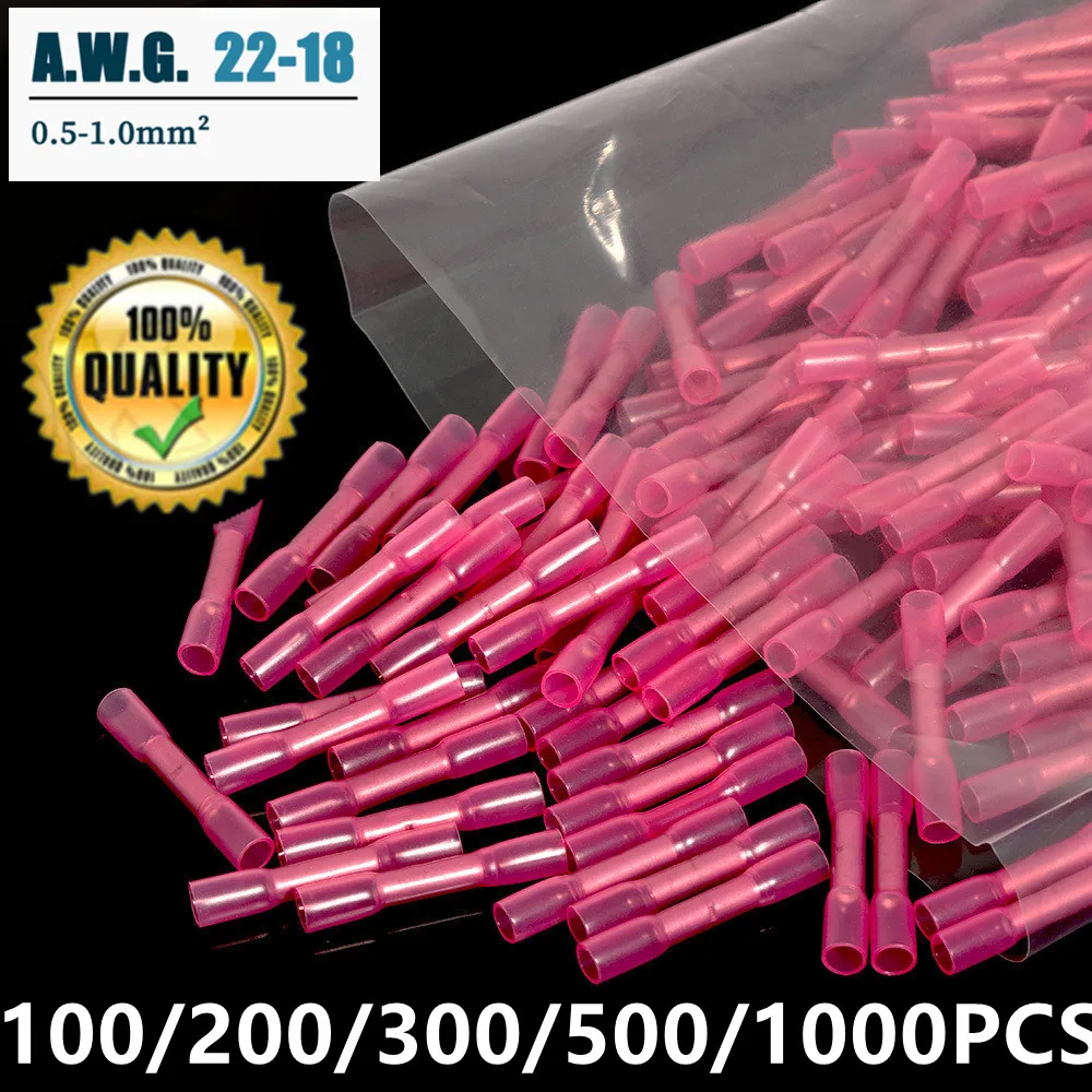 100/200/300/500/1000Pcs 22-18 AWG  Heat Shrink Butt Crimp Terminals Red Waterproof Fully Insulated Seal Wire Connectors