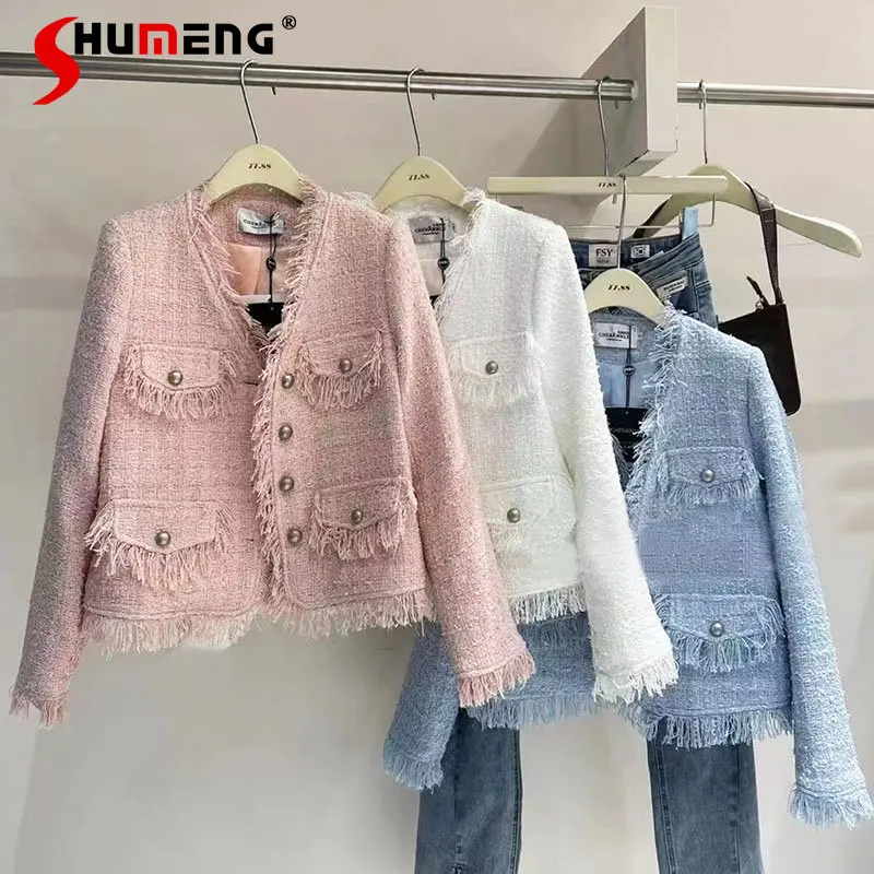 

2023 Spring New Luxury Fringed Burr Blue Tweed Coat Female Elegant Woman Long Sleeve Tassel Tweed V-neck Short Jacket Cardigan