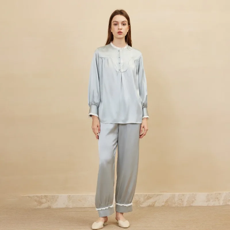 الراقية 100% التوت الحرير بيجامة مجموعة مع الرجعية الدانتيل الديكور المطرزة الخريف المتسكعون 2 قطعة مجموعات منامة