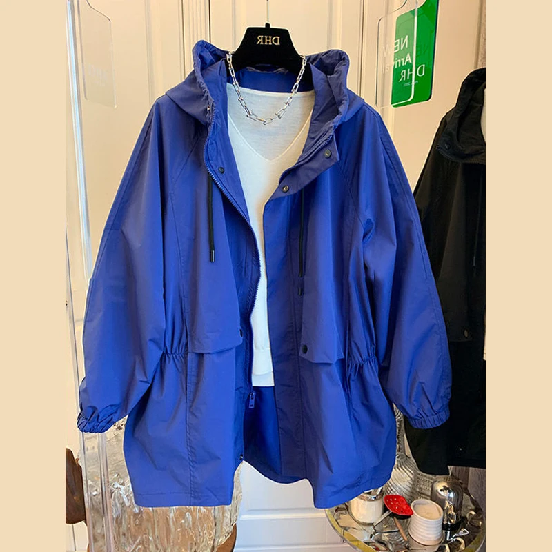 

Ветровка женская удлиненная с капюшоном, свободного кроя, больших размеров, весна-осень, 300 Pou, модная, в стиле INS