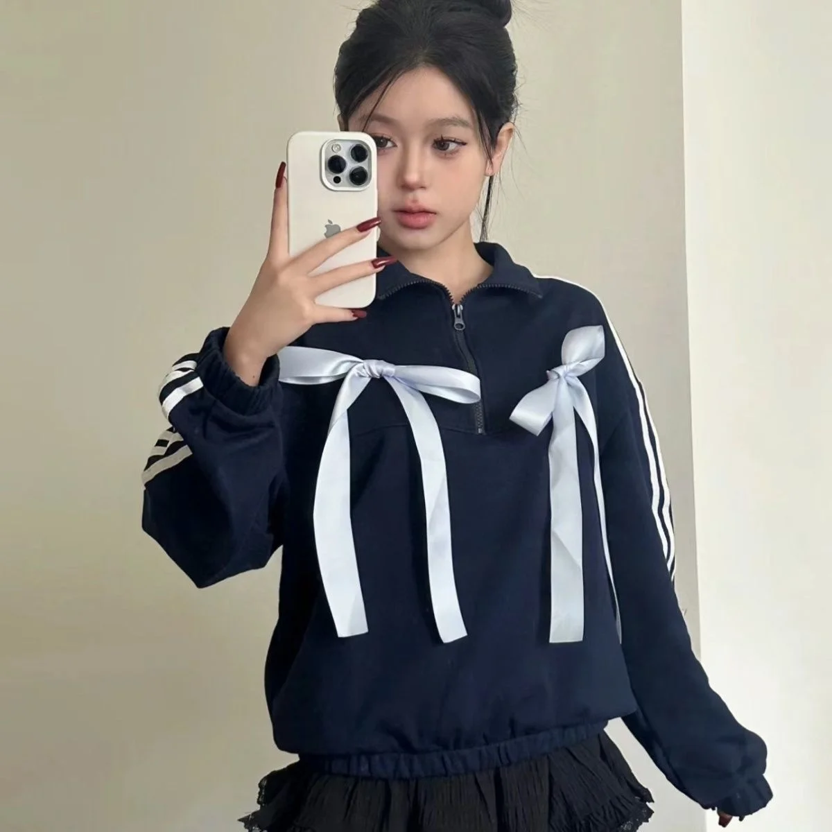 

Fashion Bow Hoodies Women Causal Zipper Lapel Pullover Top Jumper 2024 Spring Autumn Sweet Design Contrast Stripes Sweatshirts