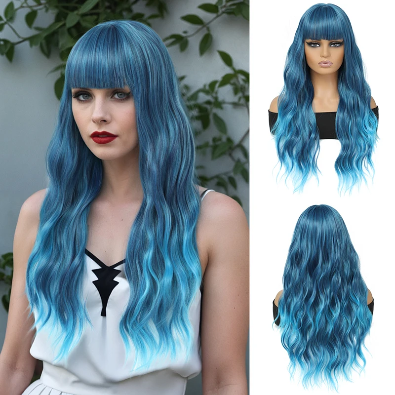 

Парик, женские длинные вьющиеся волосы, повязка на голову с градиентом голубого цвета, повязка на голову с полным верхом, парик из синтетического волокна