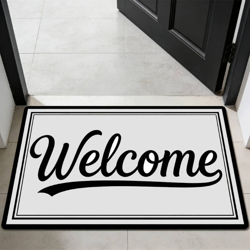 Modern Geometric Welcome Diatom Floor Mat, Black White Anti-slip Absorbent Quick Dry Doormat, Easy Clean Mat for Home