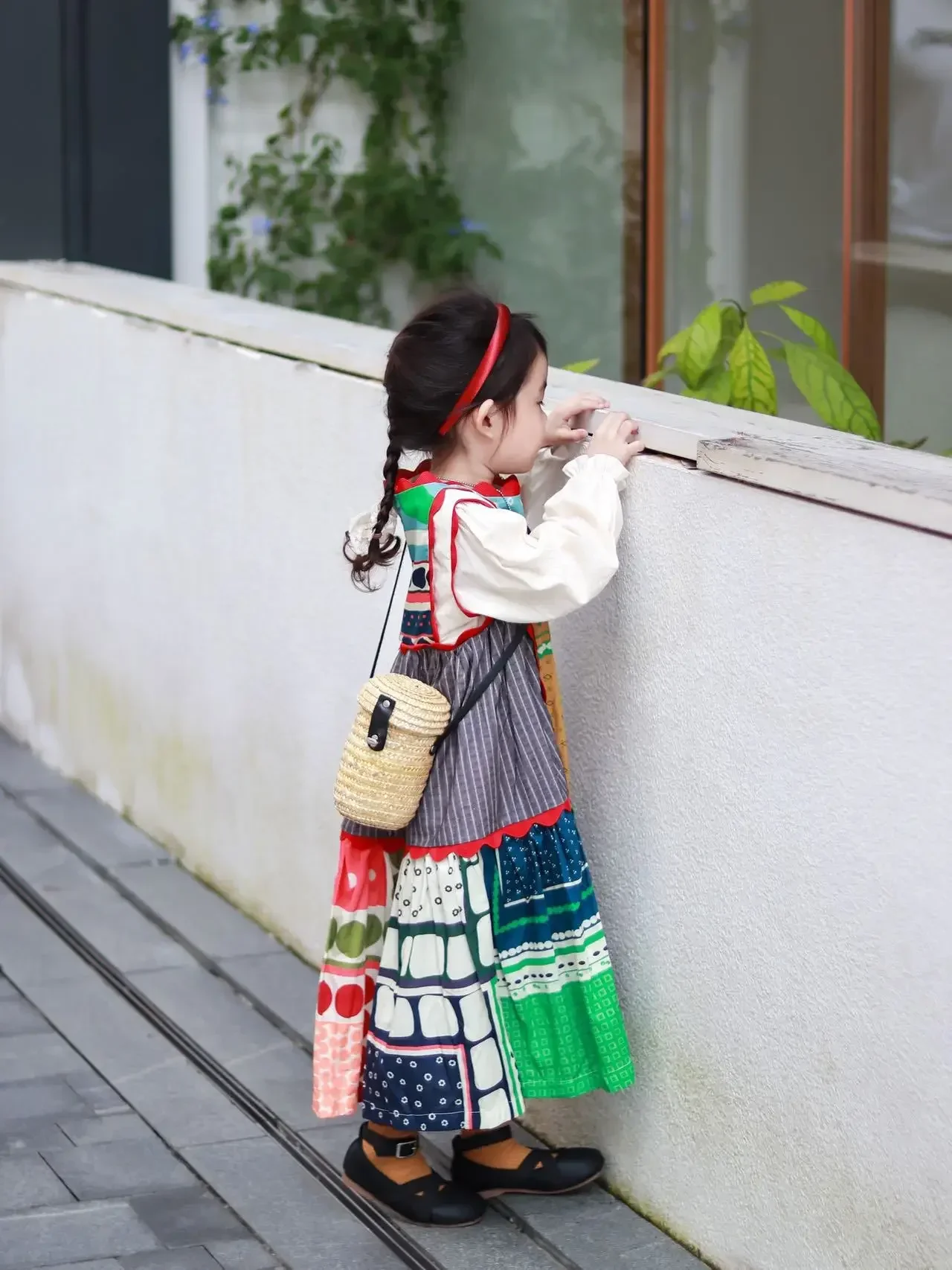 2023 Round Collar Pleated Loose Sweet Printing Girls Casual Dresses Splicing Retro Style Tops Autumn New