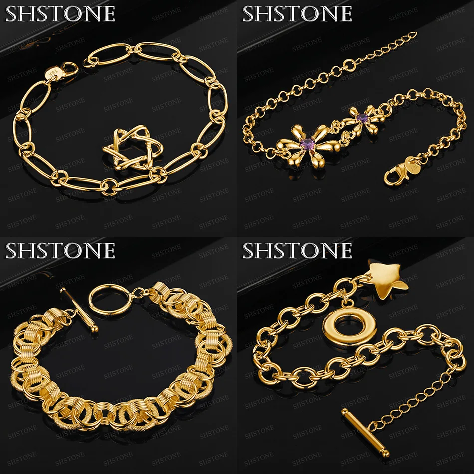 

New 18k Gold Star Flower David Star Frosted/Smooth Circle Link Chain Bracelet Women Quality Jewelry Engagement Party Gift