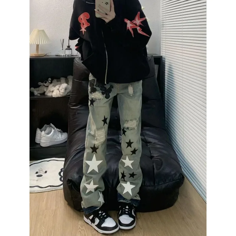 

High Street Retro Five-Pointed Star Ripped Jeans Men's & Women's Slim Fit Light Straight-Leg Pants Fashion Streetwear Y2k Pants