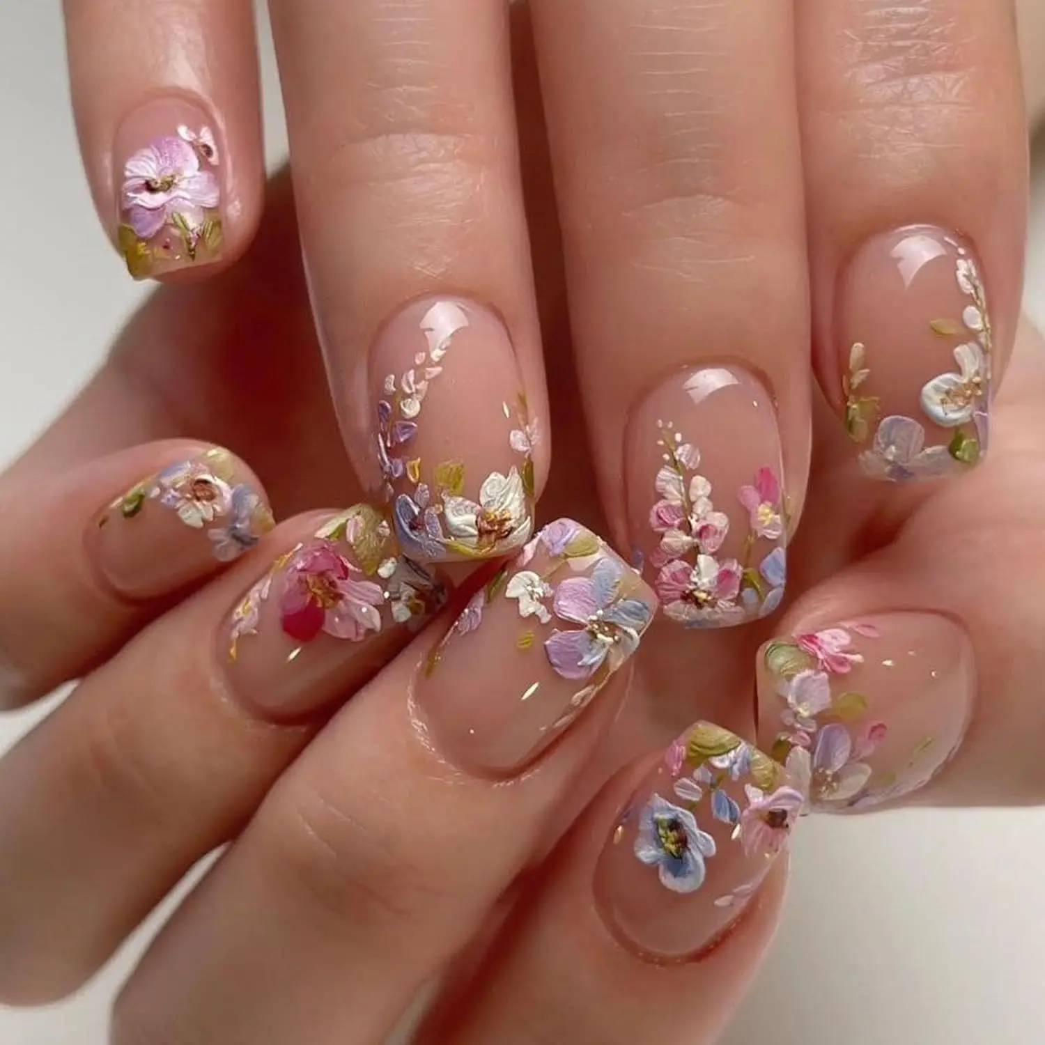 

Square Press on Nails Medium Fake Nails with Flower Designs French Tip Nails Press ons Acrylic Nail Cute Spring Stick on Nail