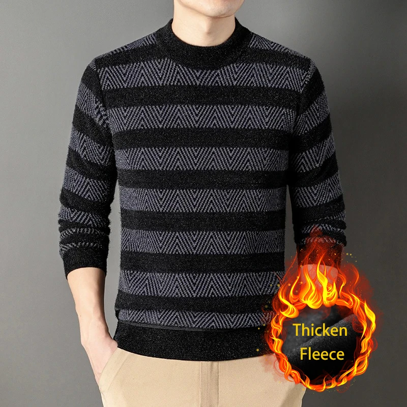 

Мужской свитер BROWON 2026: Новинка осенне-зимнего сезона, флисовая подкладка, жаккардовый узор из синели, длинный рукав, полосатый дизайн, теплый вязаный пуловер