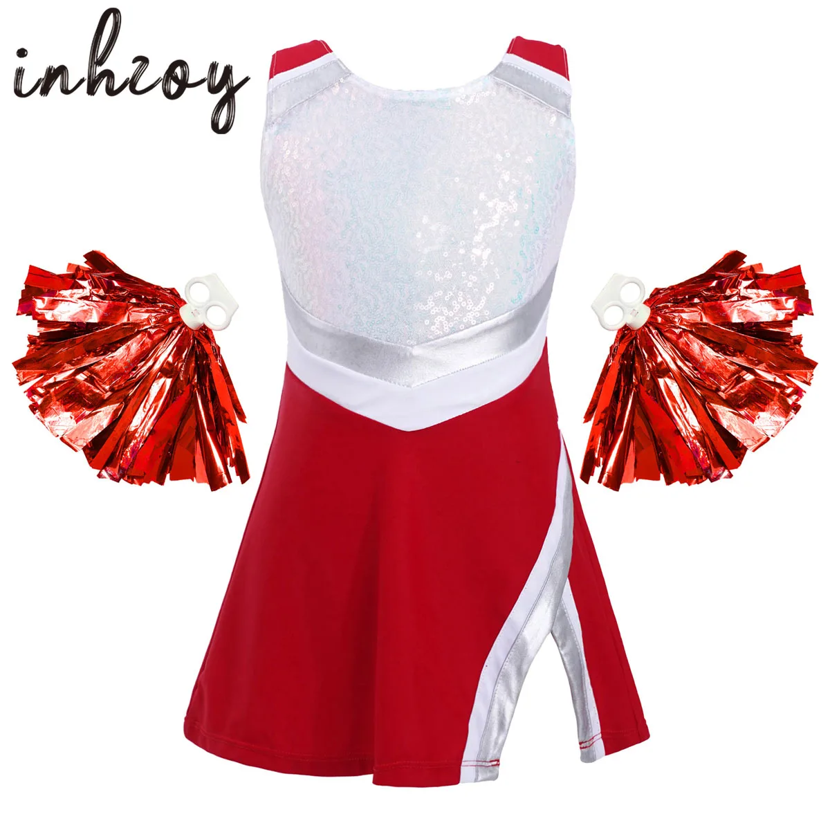 

Girls' Cheerleading Costume Cheer Leader Dress Sleeveless Sequins Dance Dress with Pompoms Shorts Carnival Party Costume