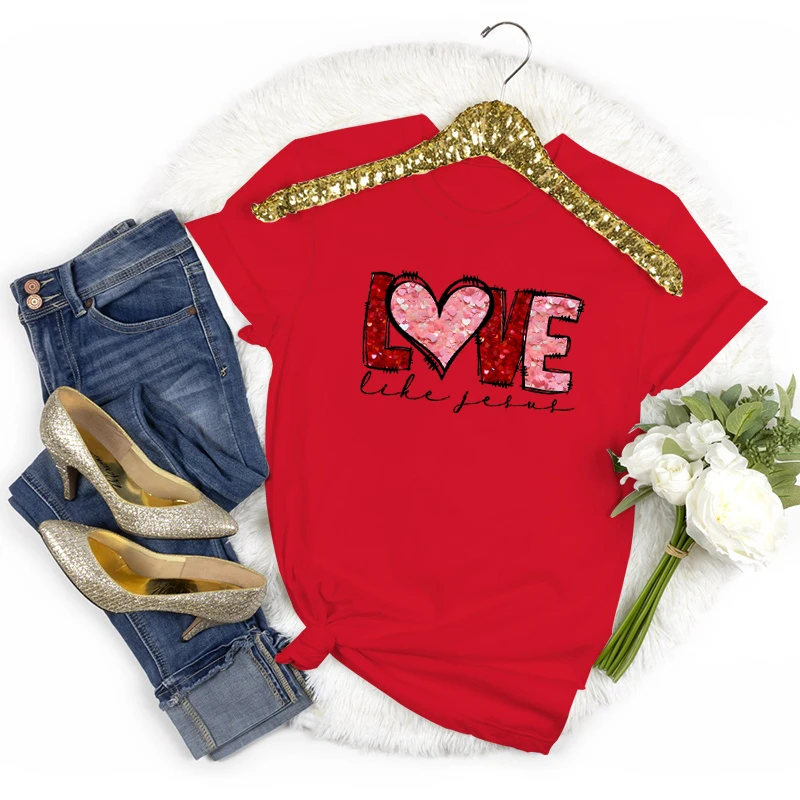 Koszulki z nadrukiem: Kochaj jak Jezus, Walentynki, Klasyczne koszulki, Prezent dla Chrześcijanki, Koszulka z krótkim rękawem, Damska koszulka na Walentynki, Codzienne topy