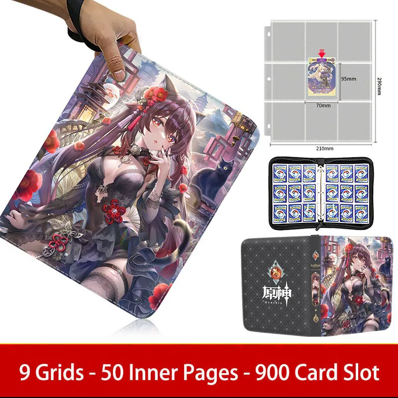 900Pcs Zipper Genshin Impact Card Binder Collection Double Pocket Anime Games Playing Trading Cards Album Holder Book Folder