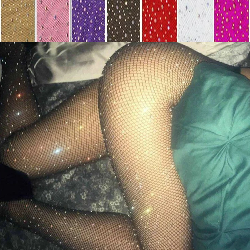 

Fashion Shiny Net Tights for Female Slim Rhinestone Mesh Nylon Stockings Tights Fishnet Diamond Pantyhose Women