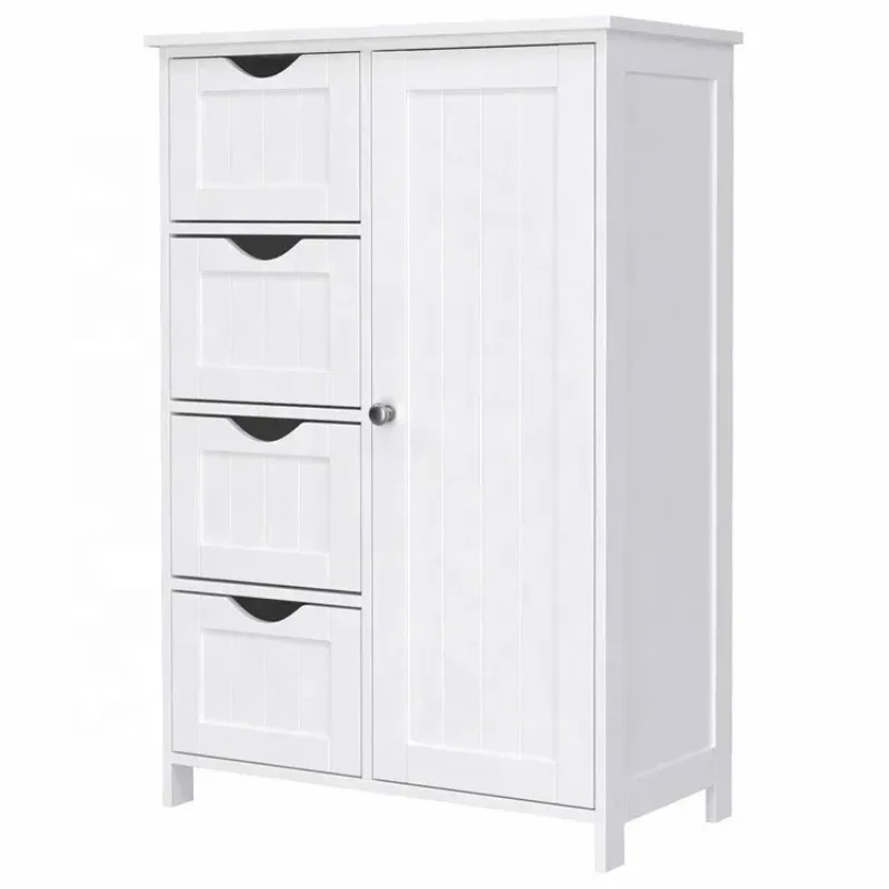 

'Bathroom Living Room Kitchen Entryway White Single Door Floor Storage Cabinet Wooden Storage Unit with 4 Drawers