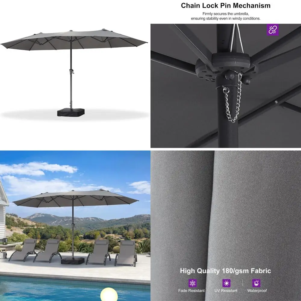 Double-Sided 14-Foot Patio Umbrella with Crank and Base for Outdoor Rectangle Tables - Ideal for Poolside and Garden Use in Gree