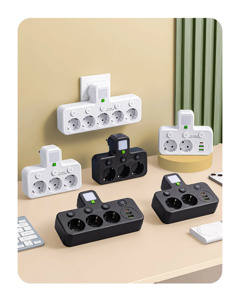 EU-Stecker-Steckdosenleisten. Zwei Spezifikationen mit oder ohne USB-Typ-C-Anschluss. Wandladegerät für das Heimbüro – Detail 31