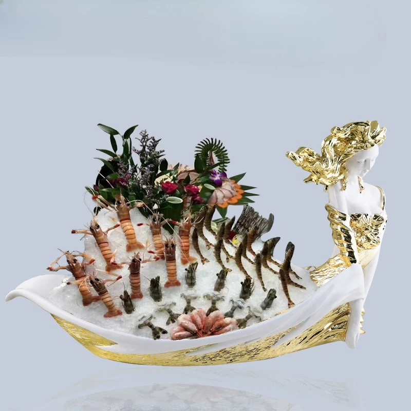Creative resin ship type beautiful woman seafood self-made sashimi large dry ice plate hot pot chain club special serving