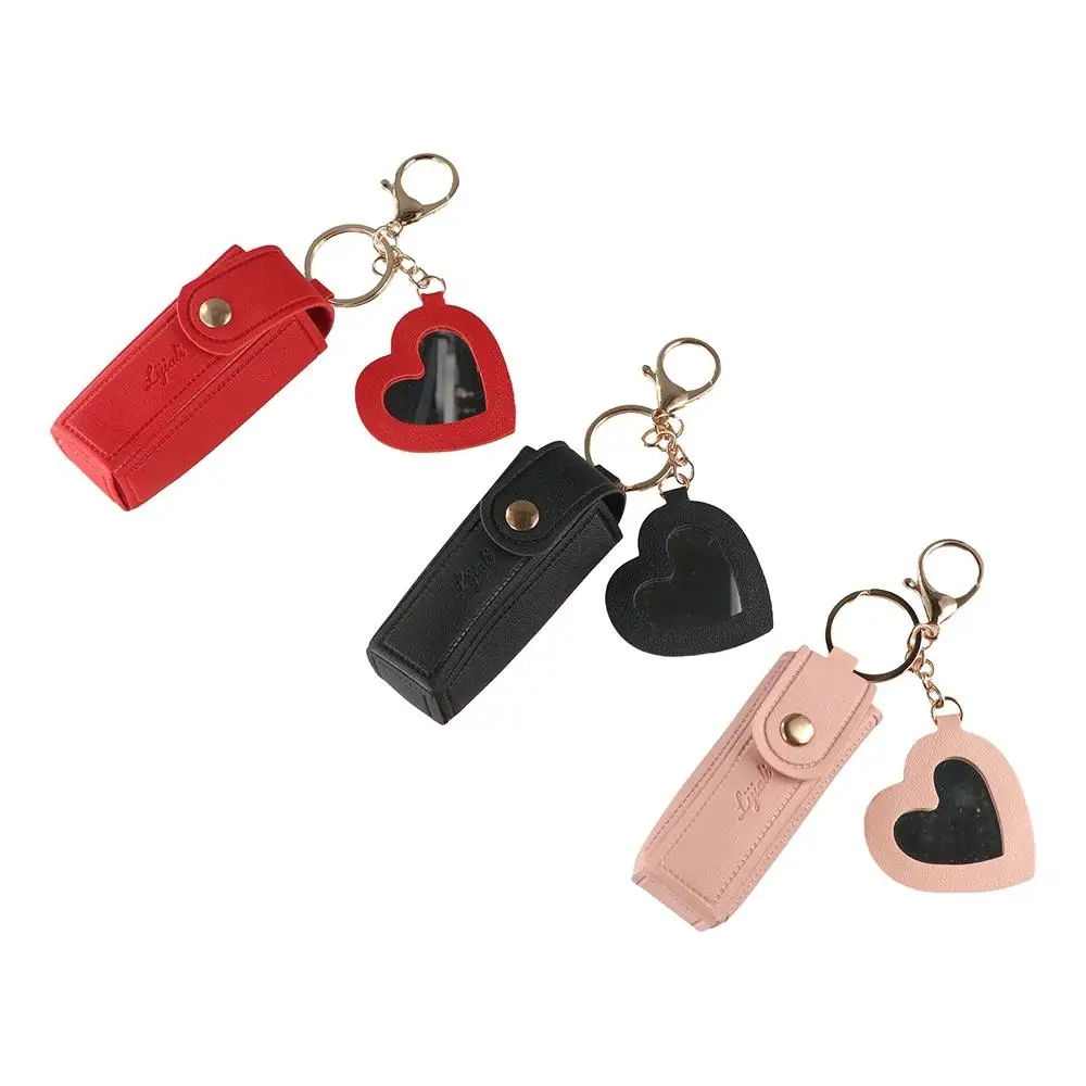 Travel Keychain Lipstick Bag Portable PU Leather Makeup Lipstick Holder Multifunctional with Mirror Cosmetic Bag Girls