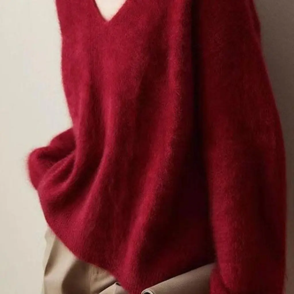 Weicher, wachsartiger Damen-Strickpullover mit V-Ausschnitt und langen Ärmeln, lockere Passform, modisches Oberteil, reine Farbe, Herbst-Winter, fauler Stil
