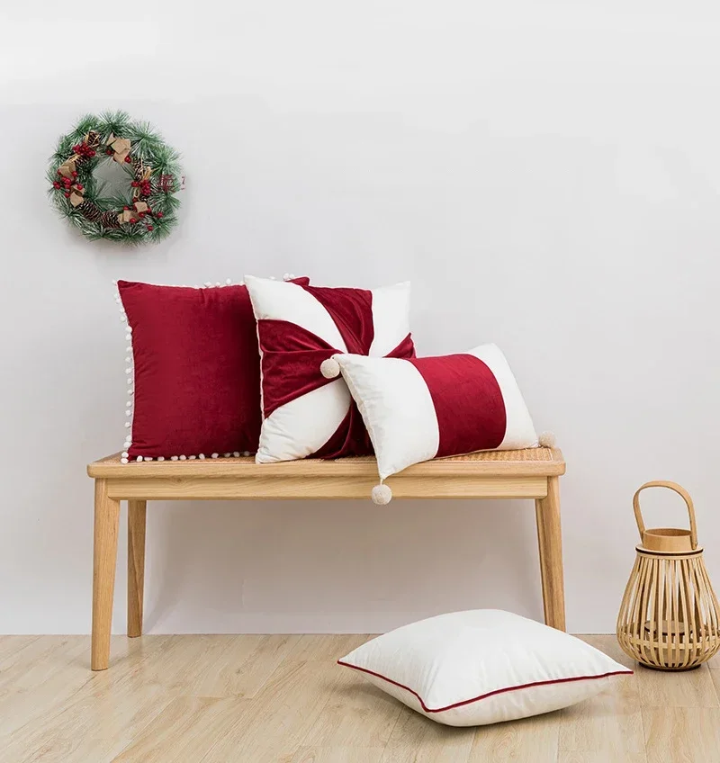 

New Christmas Pillow Covers Decorative Velvet Red Bow Hairball Stitching Cushion Cover Festive Home Grinch Christmas Decorations