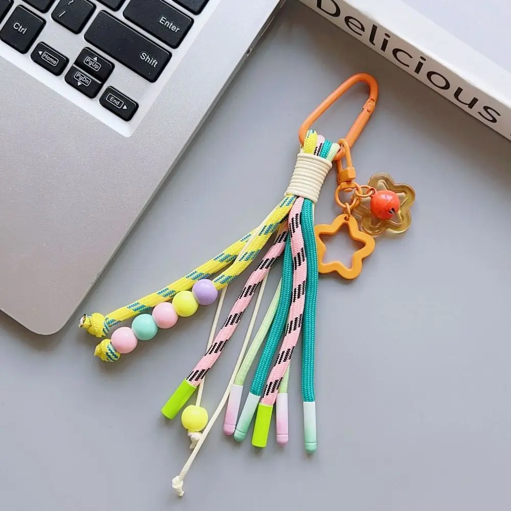 Y2K Braided Rope Keychain Handmade Colorful Acrylic Striped Webbing Keychain Creative Long Tassel Bag Charms Bag Accessories