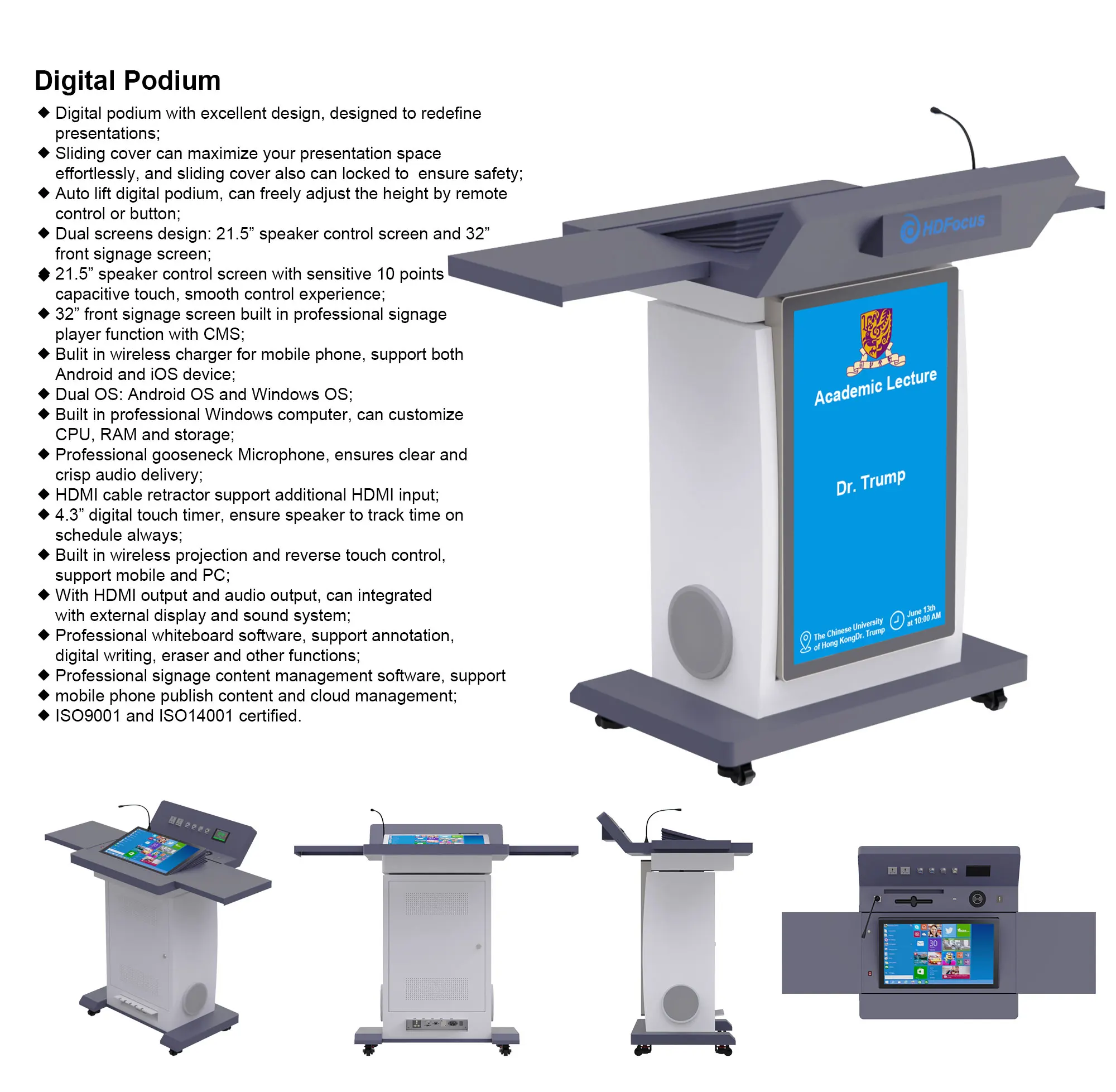 

Premium 21.5 Inch Dual-Screen Smart Podium with Wireless Microphone for Educational and Conference Settings