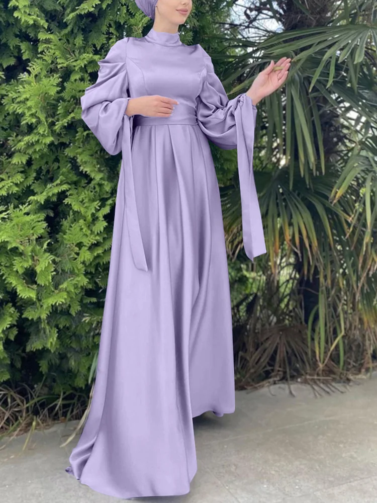 Satin Abaya Dress Muslim Women Solid Color Wrap Front Long Sleeve with Belt Long Maxi Dress Summer Dubai Turk Modest Wear