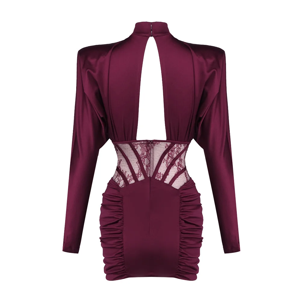 여성 우아한 생일 드레스 버건디 긴 소매 컷아웃 바디콘 미니 정장 이브닝 파티 드레스 졸업 드레스