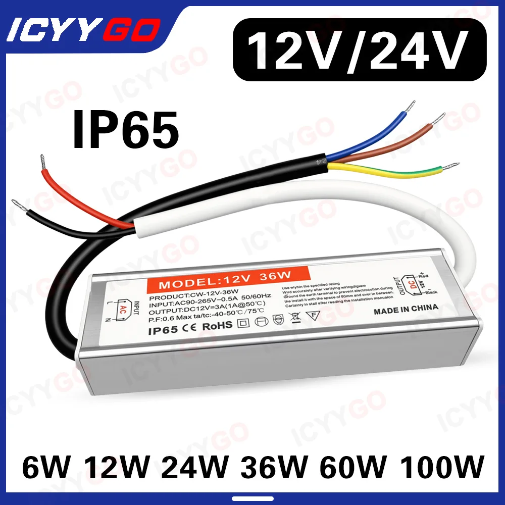 IP65 6W 12W 24W 36W 60W 100W LED Power Supply AC90-265V to DC 12V 24V Transformer Converter For LED Strip Bulbs LED Driver
