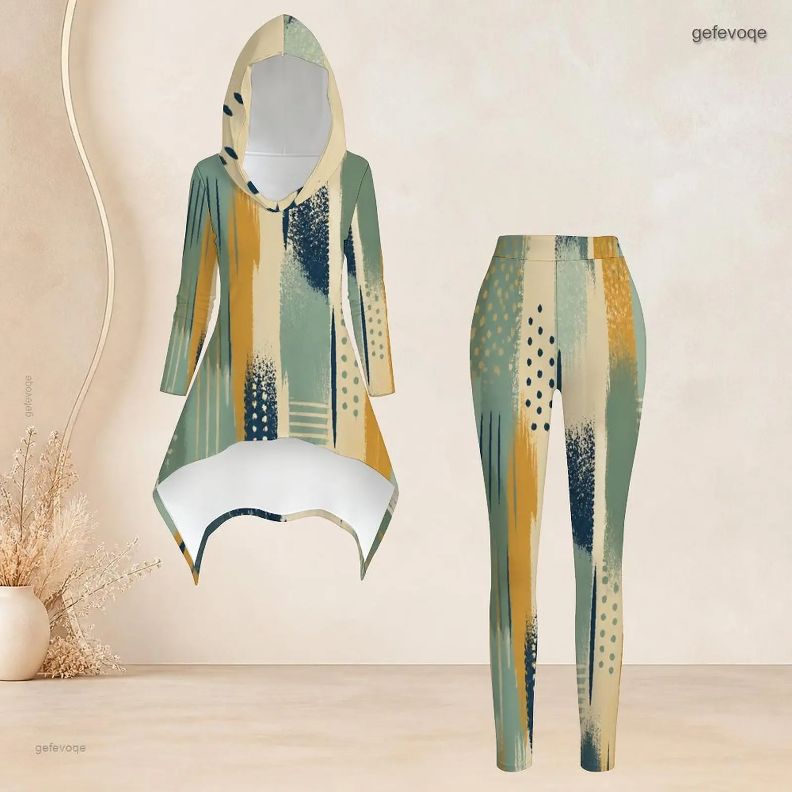 Women Abstract Blue Gold Printed Hooded Long Sleeve High Low Top Fitted Pants Two Piece Set view 3