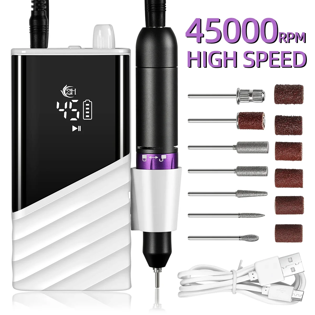 Rechargeable Portable Nail Drill 35000RPM Professional Electric Nail Drill with 6 Bits and 106 Sanding Bands for Home Salons Use