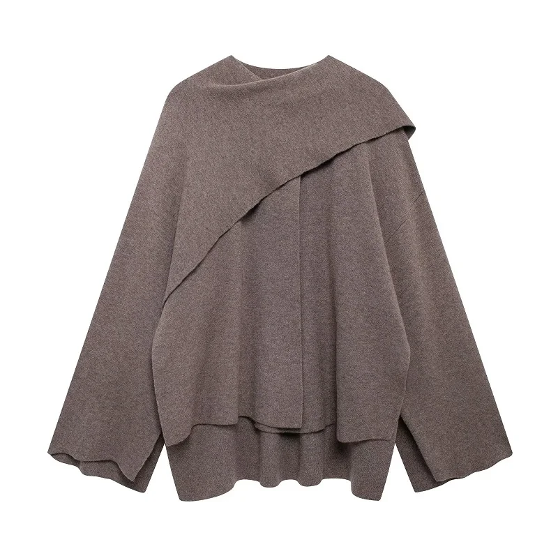 MUJER 2025 Cape Women\'s Coats Asymmetric Cropped Jackets for Women Long Sleeve Knit Winter Coat Female Fashion Scarf Outerwears