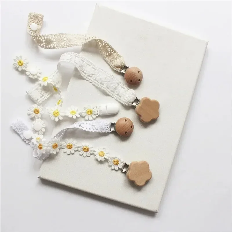 INS Baby Pacifier Clips Nipple Teethers Toys Anti-drop Chain Teething Wooden Kawaii Flower Lace Babies Soothe Bebe Accesorios