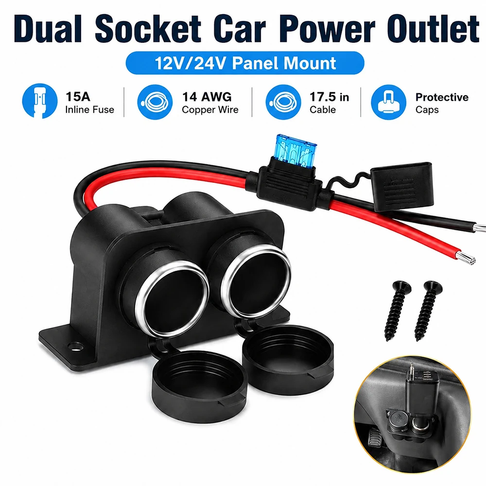 12V Dual Socket Cigarette Lighter Splitter with 15A Fuse for Car Truck RV Marine Power Outlet Adapter