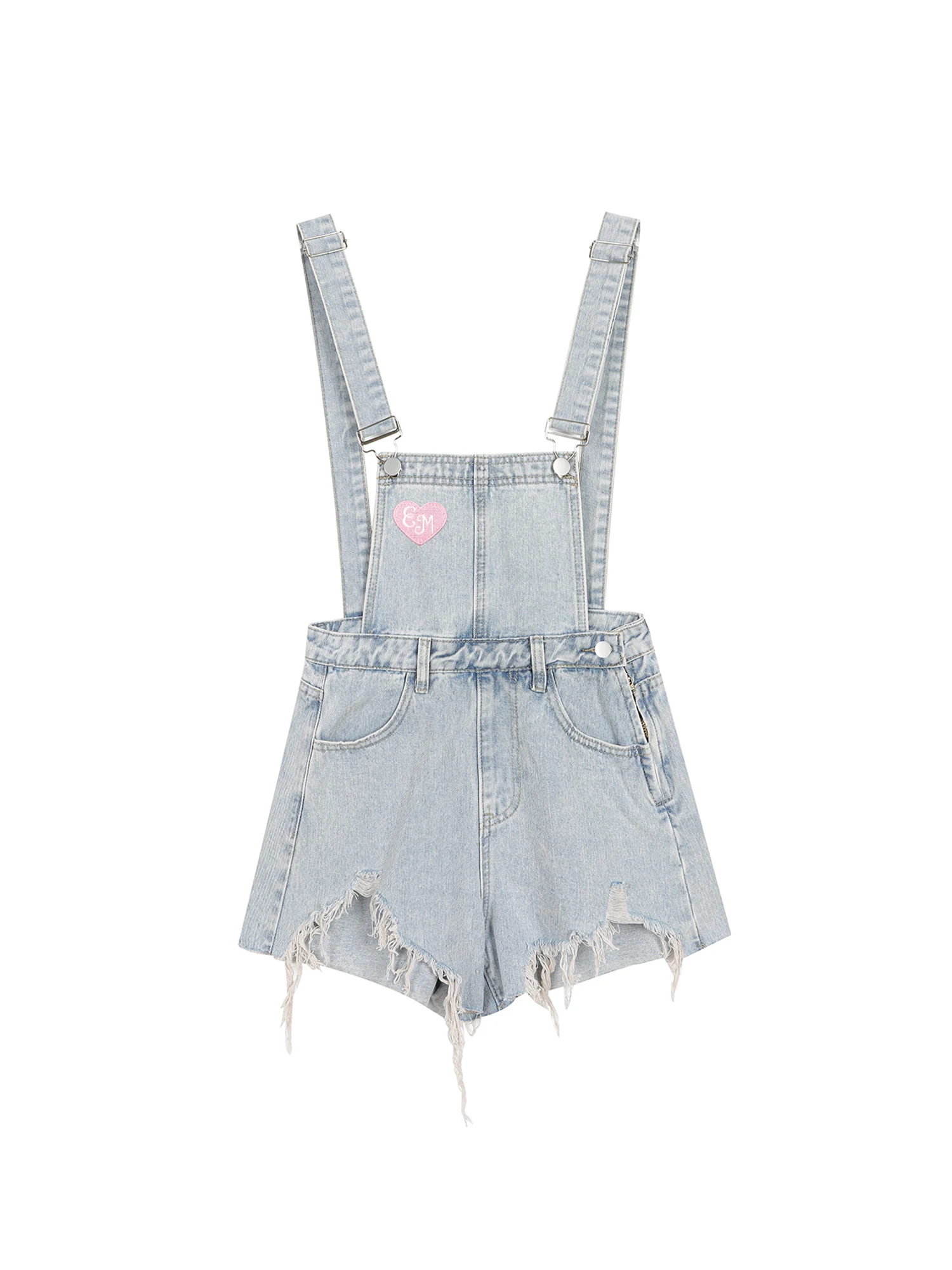 Women's American Style Ripped Raw Edges Denim Playsuits Summer High Waist Love Embroidery Slim Straight Casual Versatile Rompers