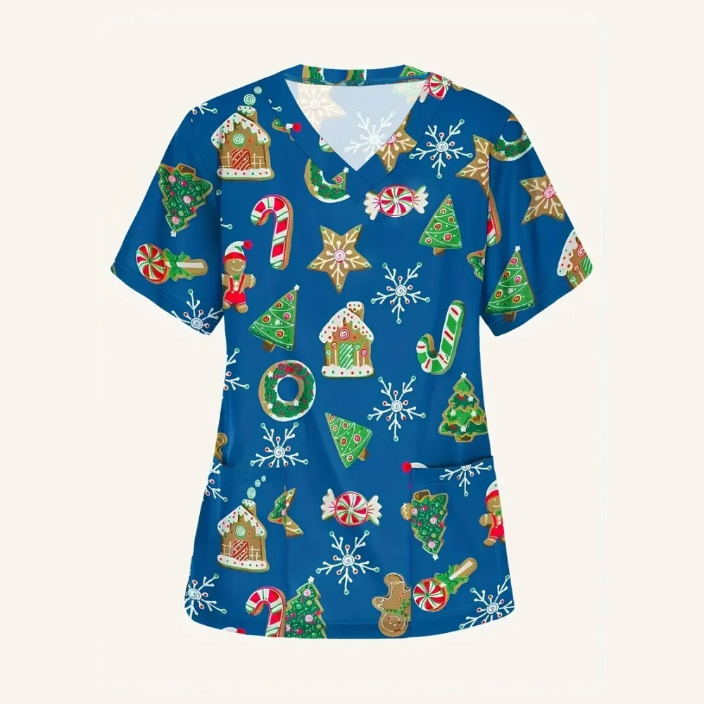 Christmas Clinical Uniform Woman Fashion Cartoon Print Microelastic V-Neck Spa Nurse Casual Short Sleeve Dental Medical Uniform