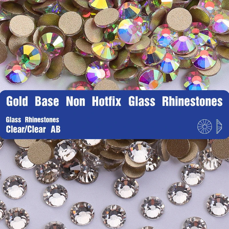 SS4-SS30 Gold Base Glass Rhinestones Clear & Clear AB Non Hotfix Round Crystal Accessories For Clothing Nails DIY Art Decoration