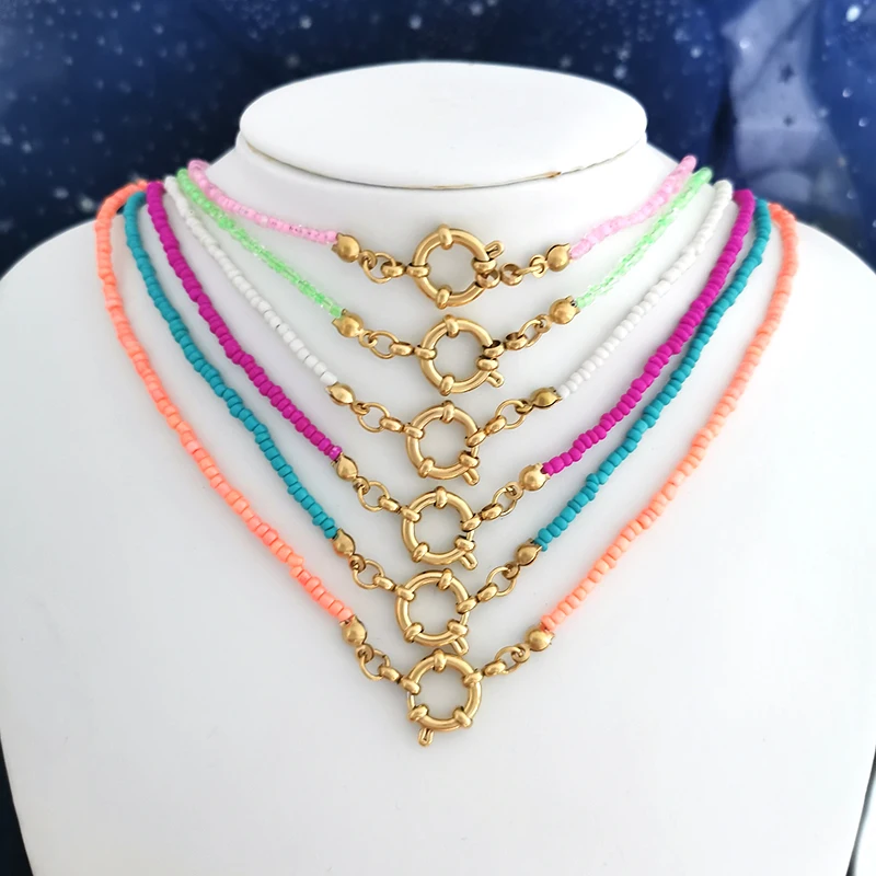 QMHJE Imitation Pearl Necklace Women Choker Seed Beads Rainbow Stainless Steel Clasp Sailor Buckle Base Chain Gold Color Boho